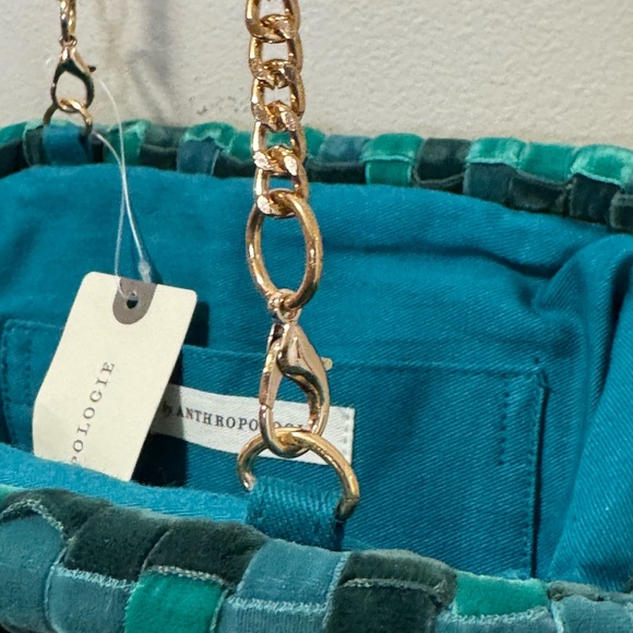 Anthropologie Velvet Woven Clutch Turquoise/Green  with Gold Chain - Picture 5 of 9